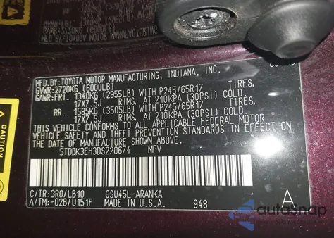 2013 Toyota Highlander Plus/Se z USA, uszkodzony, nr VIN 5TDBK3EH3DS220674